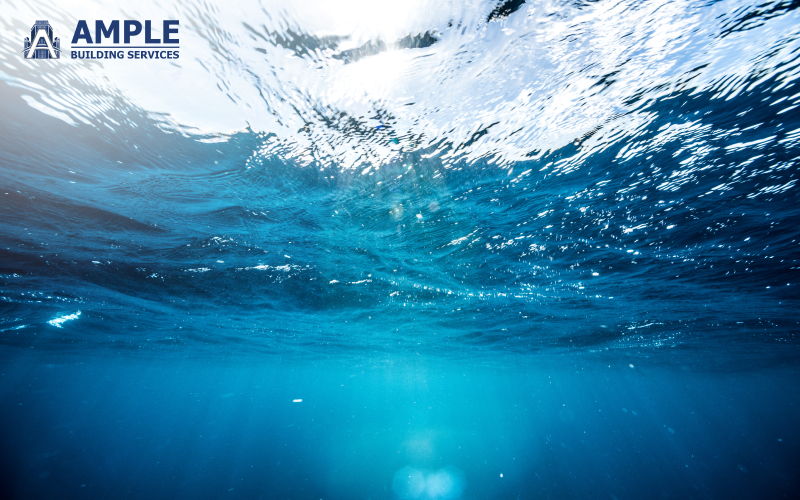 View of underwater light and deep blue ocean